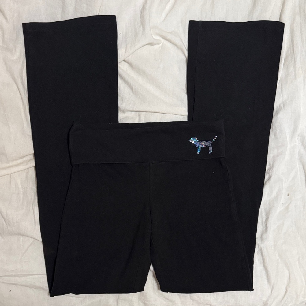 PINK Victoria's Secret Black Fold Over Flare Pants with Sequin Logo - Picture 2 of 4